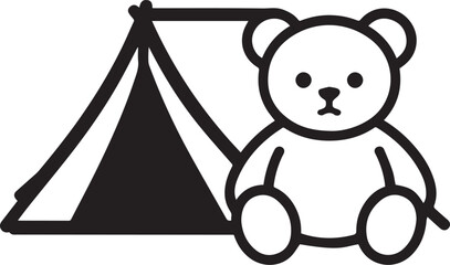 A simple, charming illustration of a teddy bear sitting beside a camping tent, evoking a sense of childhood adventure and outdoor fun. © DesignINKZ