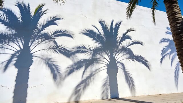 Shifting two palm shadow silhouettes sliding across white wall, breeze making fronds sway