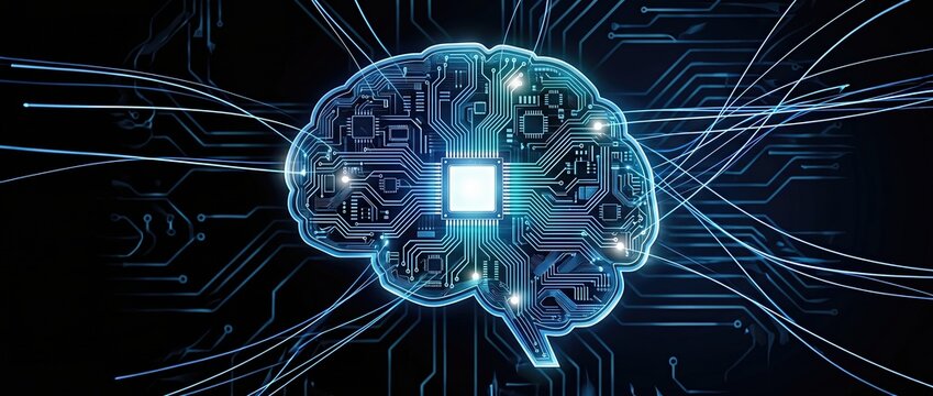 Illustrative depiction of a digital brain featuring intricate circuit designs symbolizing the evolution of artificial intelligence and technological progress in today&rsquo;s digital era.