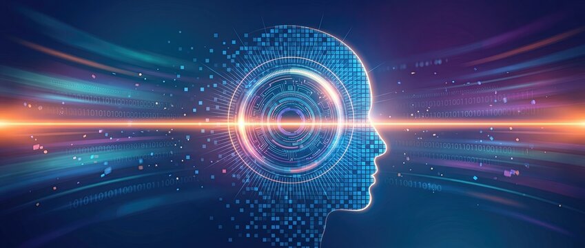 Futuristic digital silhouette of a human head with binary code and glowing data emanating from the mind representing technology and artificial intelligence concepts.