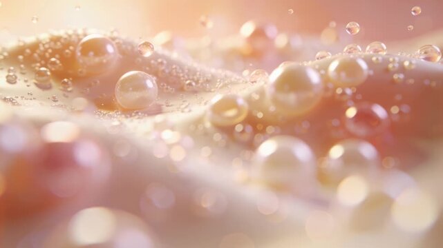 Shifting camera pushing and refocusing in studio, highlighting pearl droplets and microbeads
