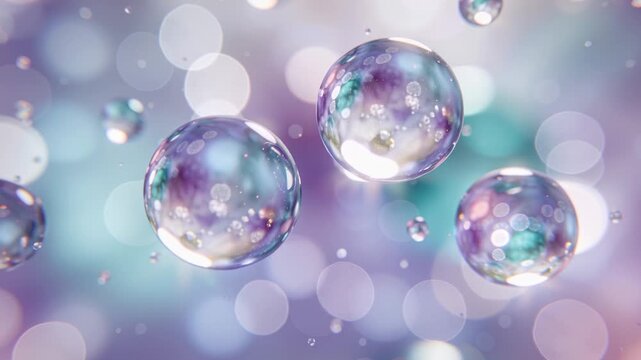 Bokeh shift nudging bubbles drifting left in pastel studio, revealing teal highlights and droplets