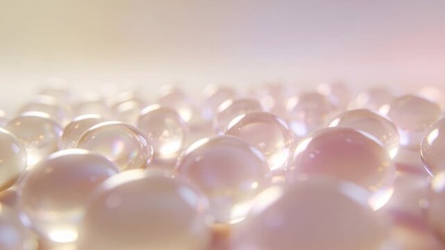 Moving camera bringing middle translucent beads into focus on smooth plane, revealing pearl sheen