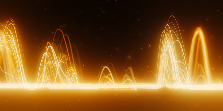 Golden distorted light wave in abstract 3D data visualization. Magic quantum energy particles.