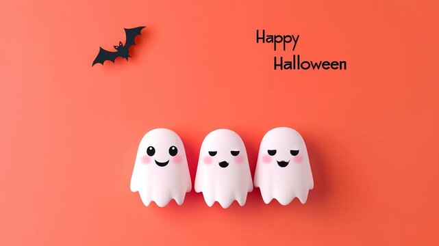 An AI-generated video of three cheerful ghosts dancing on a flat orange background, celebrating Halloween in a playful and spooky atmosphere, featuring the text "Happy Halloween."