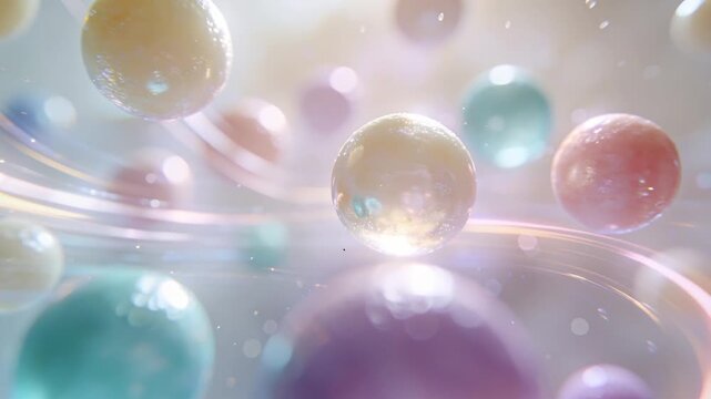 Drifting pale yellow sphere bobbing closer as camera pushing forward in CGI scene, ribbons swirling