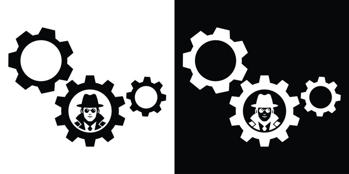 Secret agent or private detective figures inside interlocking gears. Concept icon for cyber security, spying or investigation.
