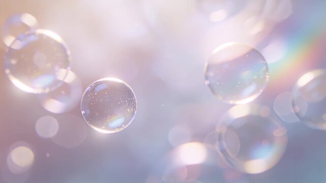 Drifting cluster of soap bubbles moving after slight motion in studio macro, with rainbow flares
