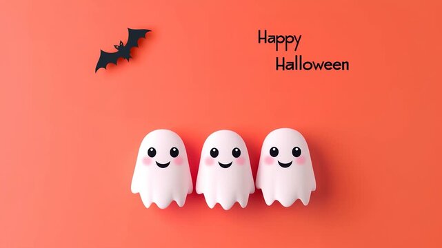 An AI-generated video of three cheerful ghosts dancing on a flat orange background, celebrating Halloween in a playful and spooky atmosphere, featuring the text "Happy Halloween."