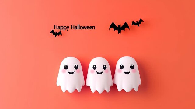 An AI-generated video of three cheerful ghosts dancing on a flat orange background, celebrating Halloween in a playful and spooky atmosphere, featuring the text "Happy Halloween."