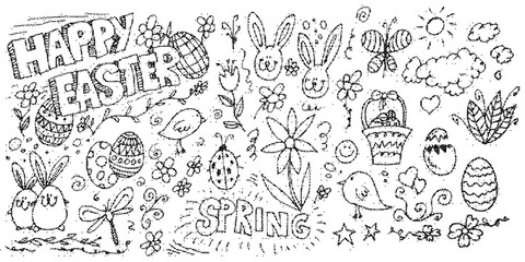 Naklejka premium Set of handdrawn easter doodles, including bunnies, eggs, flowers, butterflies, and springthemed elements