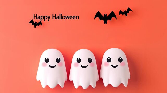 An AI-generated video of three cheerful ghosts dancing on a flat orange background, celebrating Halloween in a playful and spooky atmosphere, featuring the text "Happy Halloween."