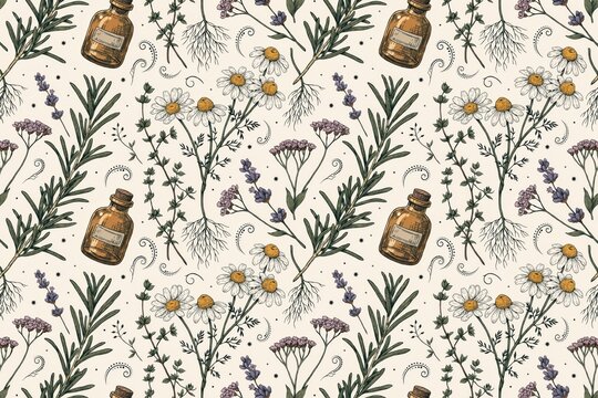 Repeating surface pattern with hand-drawn chamomile flowers, lavender, rosemary branches, and brown glass apothecary bottles on beige