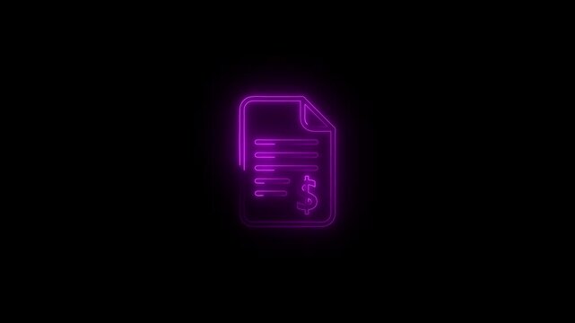 Neon purple financial document icon animation, glowing business invoice symbol for digital finance concepts on black background