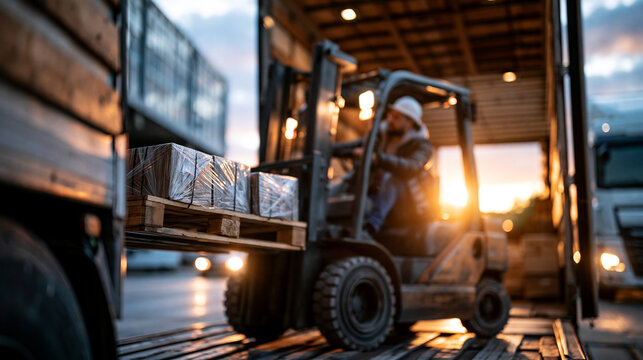 Seen through an open loading dock, a forklift places palletized goods inside a dry van trailer while the driver remains off camera, cargo loading, warehouse workflow, freight logistics,
