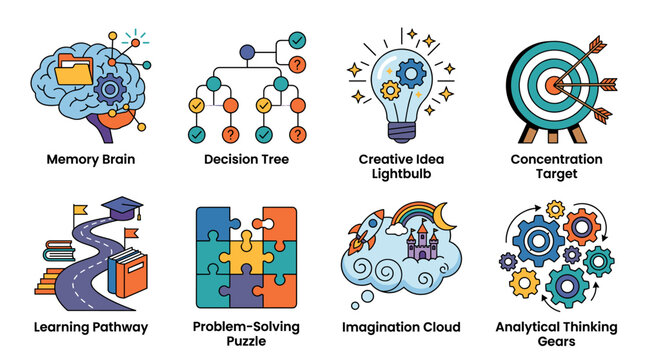 Set of eight colorful flat design icons illustrating different aspects of cognitive abilities and intellectual activities. Depicting concepts like mental development. Idea generation