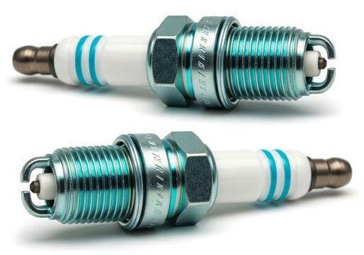 Close-up of spark plug with green copper core isolated on white background