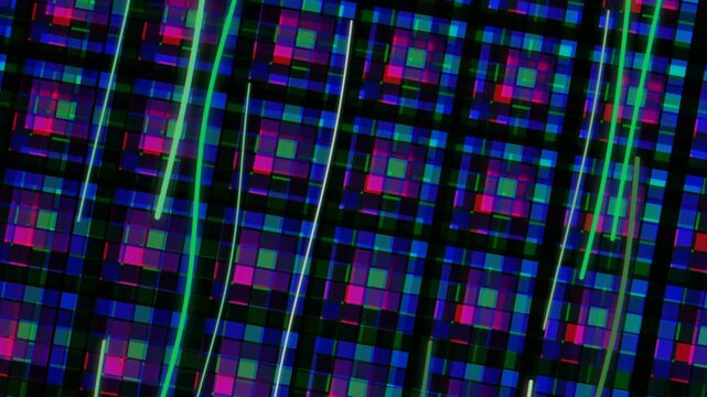 Geometric square pattern with layered pixelated blocks in shades of blue green pink creating a mosaic effect with diagonal white lines