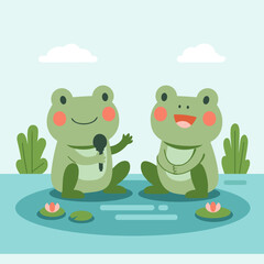 Naklejka premium Cute Frog Interview Flat Vector Illustration