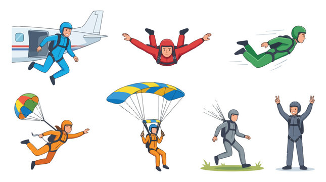 Set of skydivers and parachutists performing extreme aerial stunts.