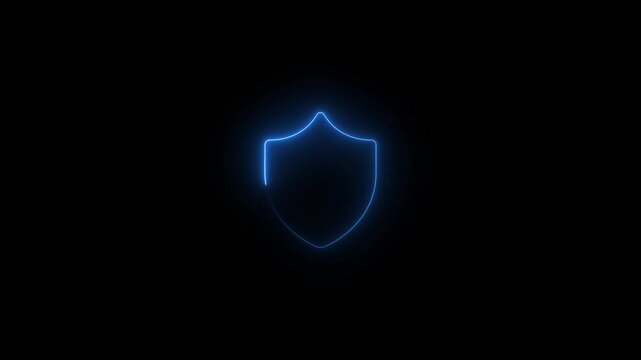 Glowing blue neon shield icon animation, cyber security and data protection concept on black background