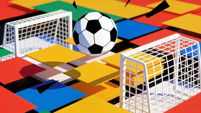 Hovering soccer ball on grid, black shards sparking tiles rising into stage under ball, white goals