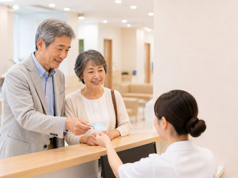 Smiling Elderly Couple Presenting My Number Card at Reception Counter