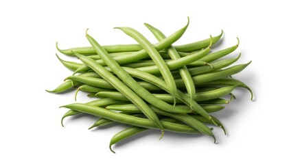 Fototapeta premium Raw whole green string beans isolated on a clean white background, highlighting their fresh texture and vibrant green color, legume, gourmet, string beans