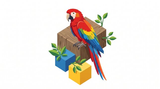 Isometric illustration of a colorful scarlet macaw with red, blue, yellow, and green feathers perched on a wood block with small green leaves on white background.