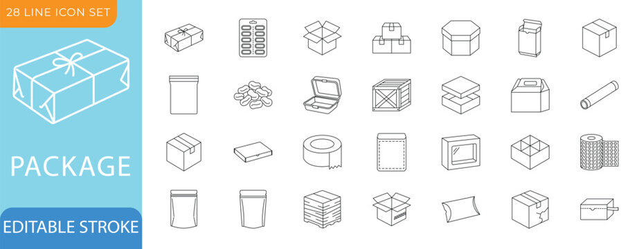 Package Line Icon Set. Packaging, Box, Parcel, and Carton. Editable Stroke Vector Illustration.