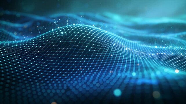 Animation starting glowing grid sending crests in virtual space, nodes pulsing and sparks trailing