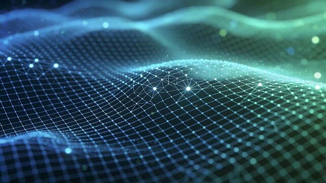 Animating wireframe mesh undulating across blue-green field, nodes and particles enhancing depth
