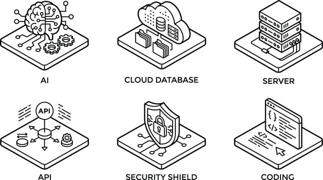 Isometric Tech Icons Collection &ndash; AI, Cloud Database, Server, API, Security, and Coding Vector Illustrations