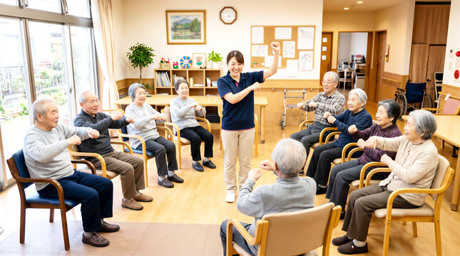座位で体操する利用者たち