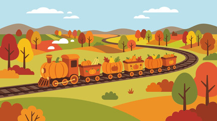 Autumn Pumpkin Train Traveling Through Colorful Fall Landscape © Neila