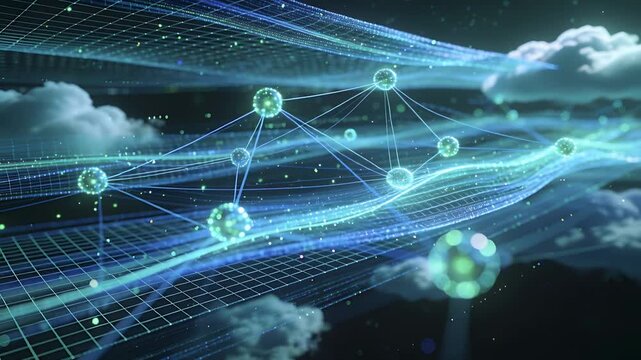 Flowing luminous network forming with frames advancing in digital space, showing nodes and ribbons