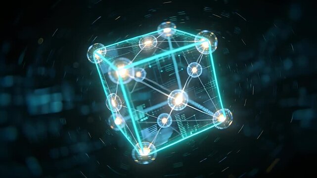 Emerging cyan wireframe cube rotating in dark tech space, pulsing nodes and showcasing circuitry