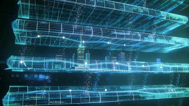 Animating stacked tubes showing moving light nodes, rising particles in hazy hologram, with skyline