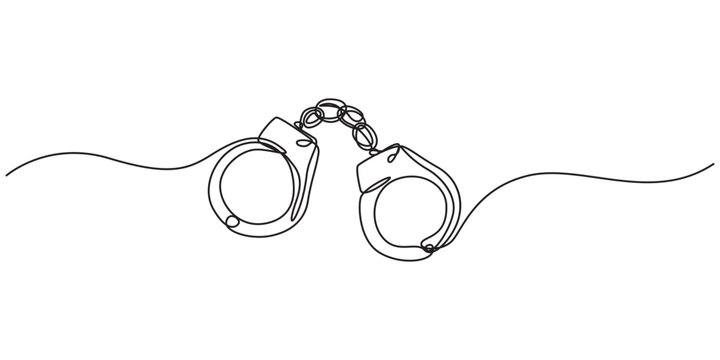 Continuous one line handcuff handcuffs crime criminal drawing police single. Handcuff one line art justice hand jail handcuffed arrest stroke prisoner law lawyer prison person vector illustration.