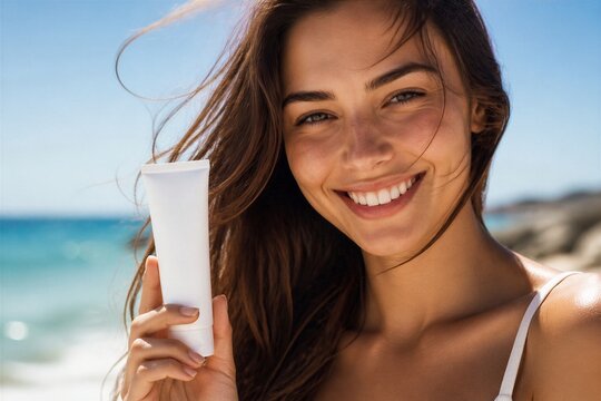 Young woman smiling holding sunscreen tube on ocean beach