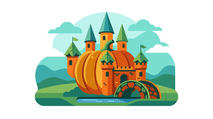 Whimsical Pumpkin Castle Illustration with Towers and Bridge © Neila