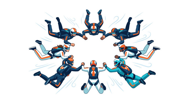 Group of skydivers in freefall formation holding hands together in the air.