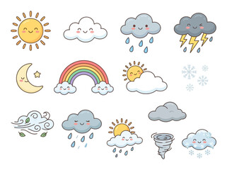 Obraz premium Set of cute hand drawn weather icons with smiling faces.