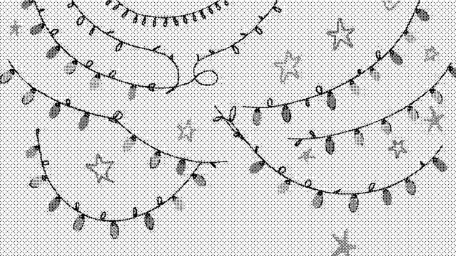 Handdrawn string lights and stars pattern, festive decorative garland elements for holiday designs