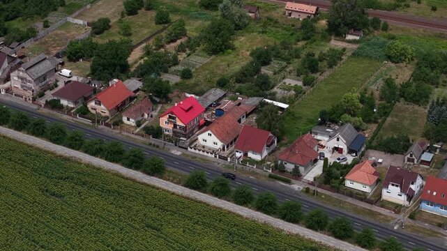 An aerial perspective showcases a row of suburban homes situated along a countryside road bordering a vast green sunflower field.