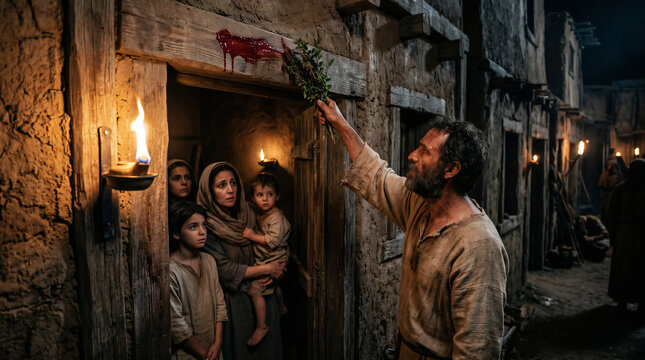 The first Passover in Egypt. An Israelite family painting the blood of a lamb on their wooden doorposts to be spared from the final plague