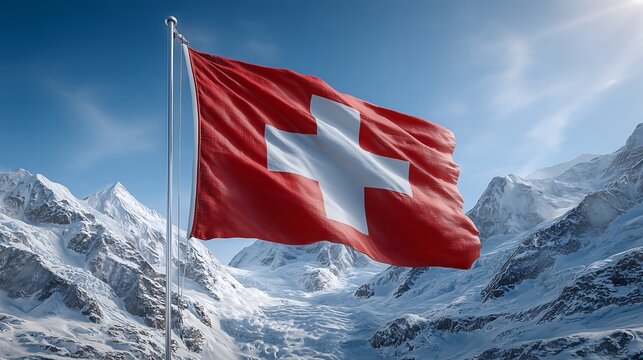 Swiss national flag waving proudly against a clear alpine blue sky, featuring a bold white cross on red fabric, symbolizing patriotism, national identity, unity, and sovereignty.
