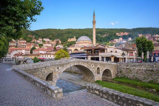 The Stone Bridge, Sinan Pasha Mosque, and Prizren Castle at Dusk
