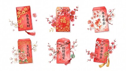 Fototapeta premium Elegant watercolor Lunar New Year red envelopes clipart. Lucky money pockets featuring golden koi fish, gold coins, and traditional fortune calligraphy adorned with cherry blossoms. Ideal for Asian Sp