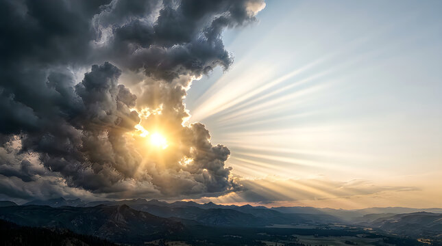 Dramatic stormy weather with sun rays behind clouds over mountain landscape